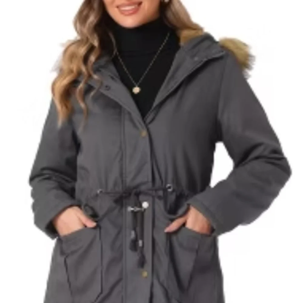 Women's Gray Parka with Faux Fur Trim - Picture 2 of 2